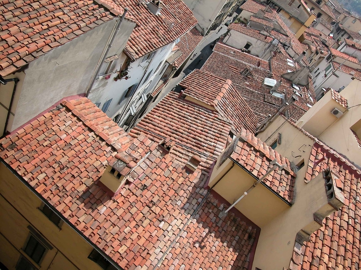 Turin rooves View down onto the roofs of buildings in Turin, Florence, Italy.